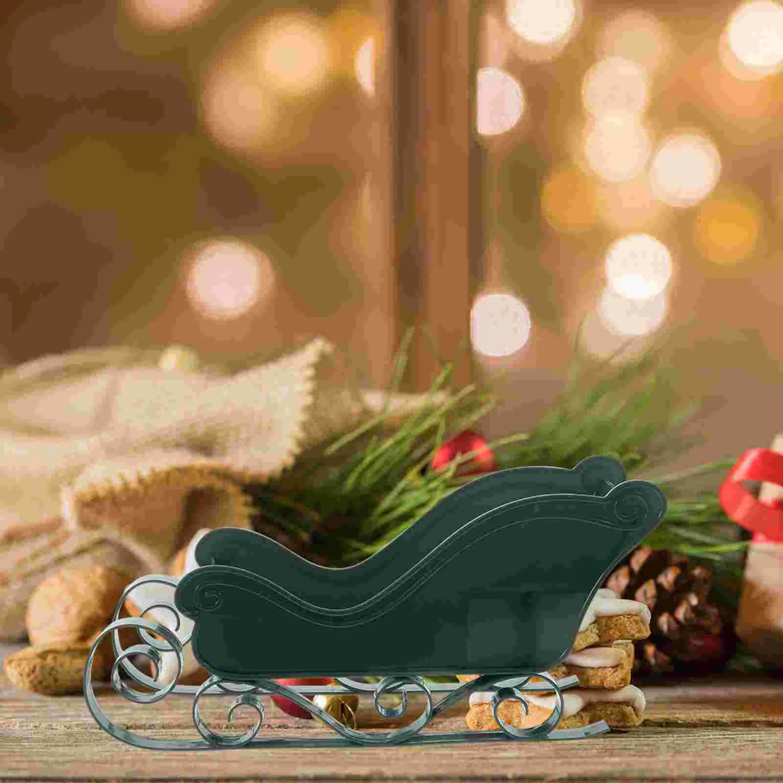 

Christmas Tree Xmas Ornament Miniature Sled Pendant Basket Desktop Sleigh Adornment Plastic Dark Green Party Decor Model