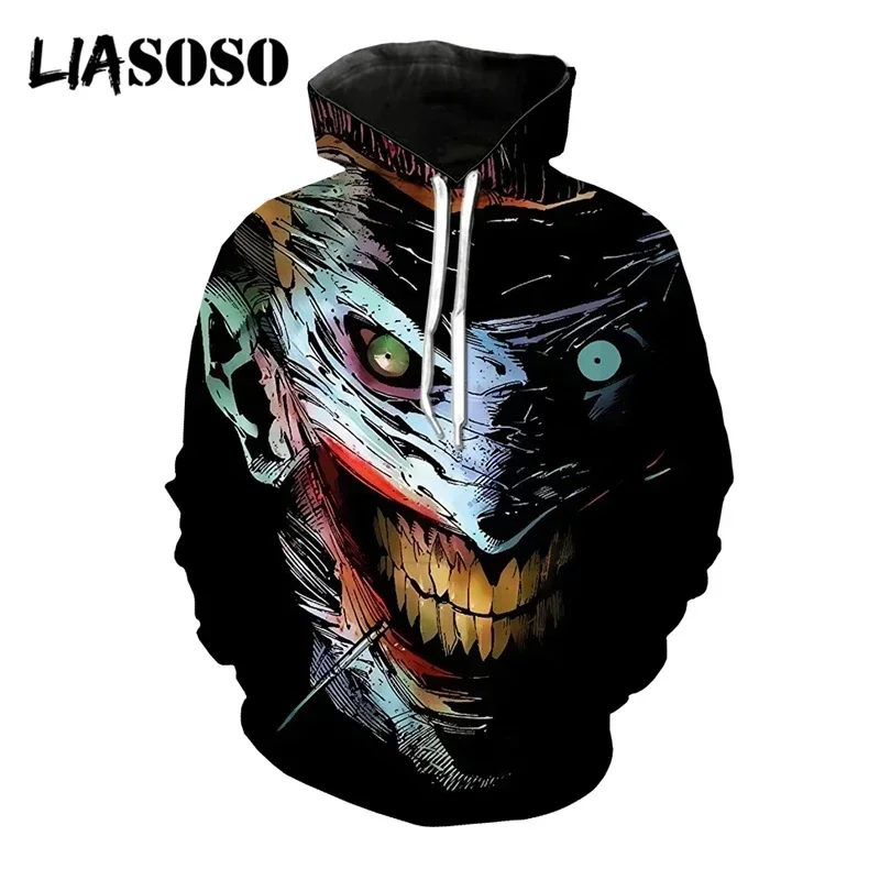 LIASOSO 3D Print Unisex Street Joker Face Horror Hooded Hoodies Sweatshirts Cool Pullover Harajuku Casual Hip Hop Funny Tops