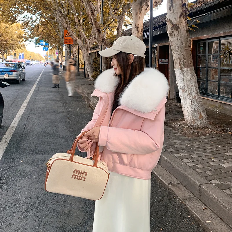 

Fashion Faux Leather Cotton-padded Jacket Women's Winter Short Parkas Big Fur Collar Thicken Coats Student Warm Loose Outerwear
