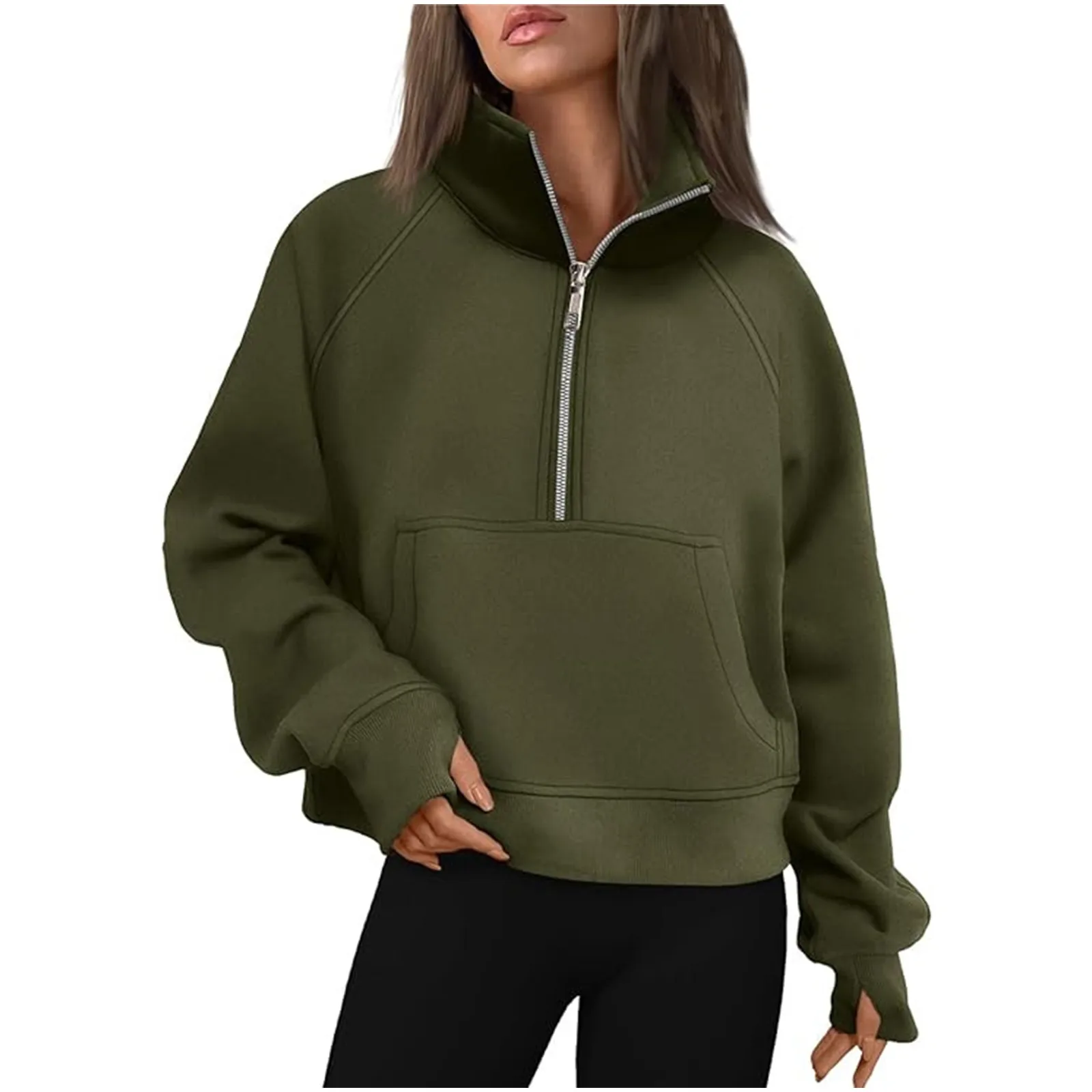 Autumn And Winter New Women'S Sports Half Zip Yoga Wear Loose Stand Up Collar Solid Color Fleece Sweater Sweatshirts With Pocket