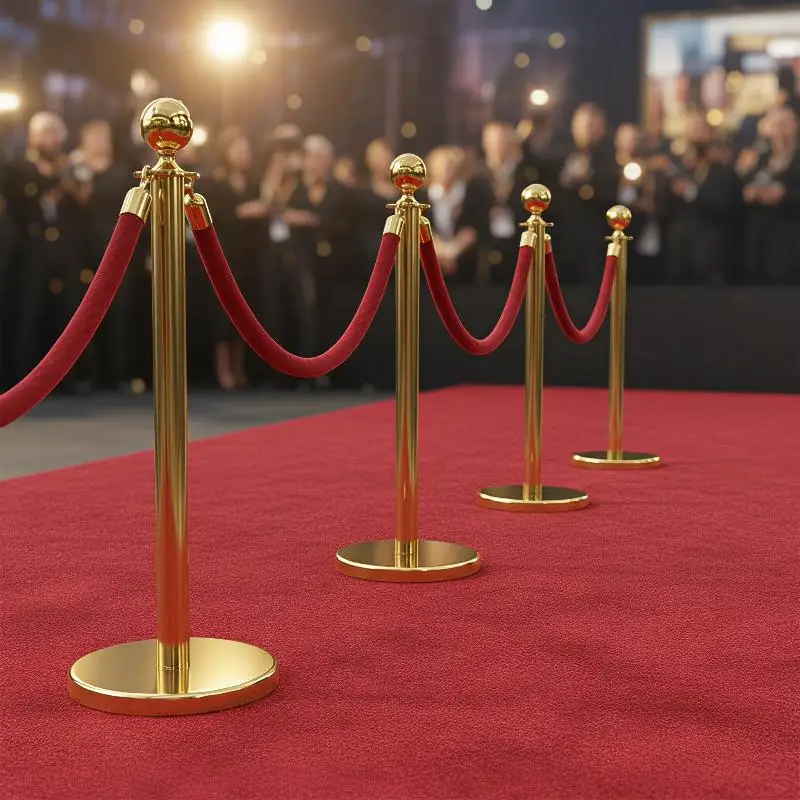 Gold Stanchion Queue Posts with Detachable Red Velvet Ropes VIP Crowd Control Barriers for Gala Award Ceremony