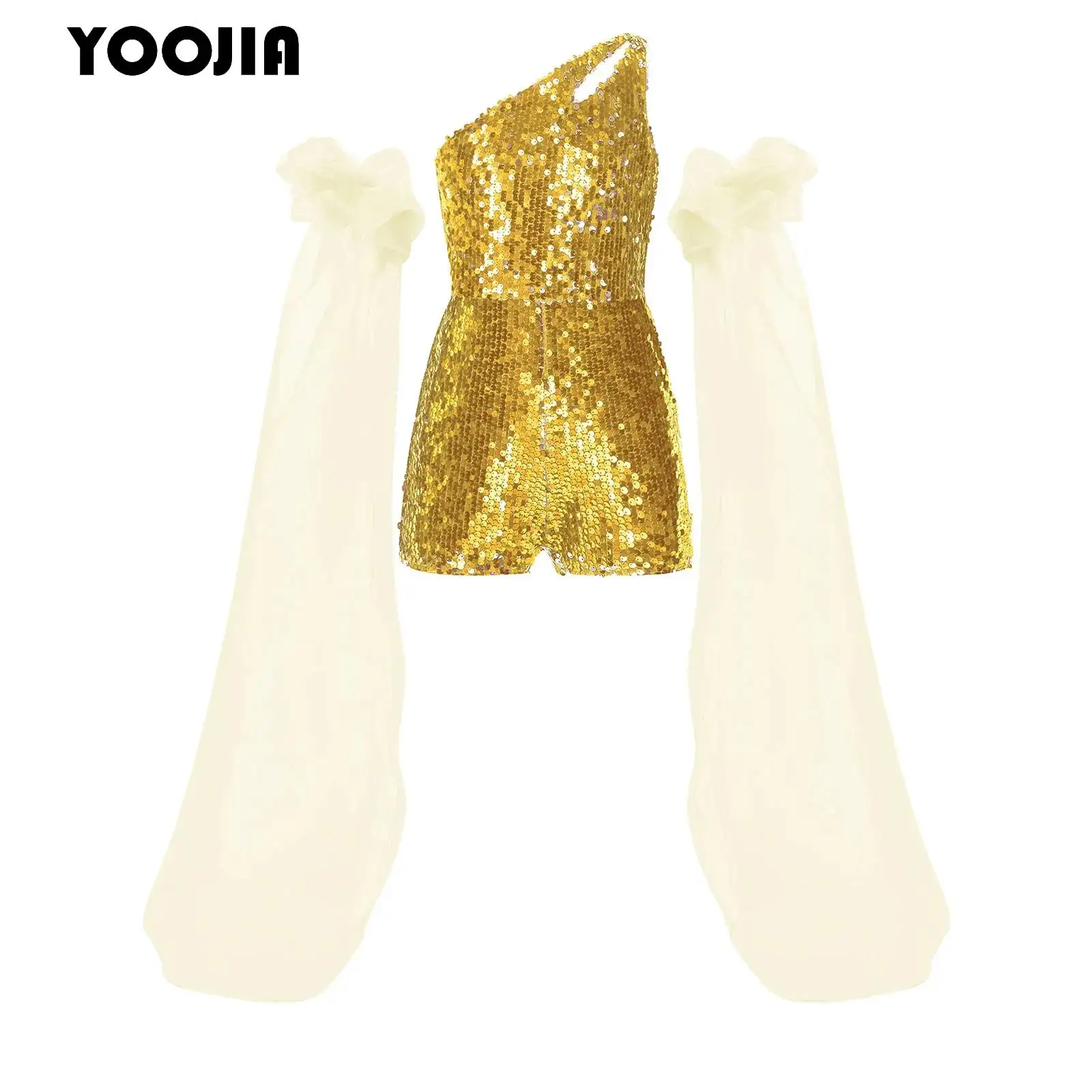 

Kids One Shoulder Shiny Sequin Rompers Girls Birthday Pageant Wedding Party Prom Jumpsuit with Detachable Puff Sleeves Bodysuit