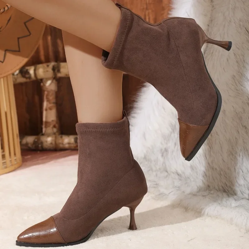 

2025 Autumn French Style Splicing Suede Pointed High Heel Ankle Boots Women Thick Heel Temperament Versatile Chelsea Boots 35-42