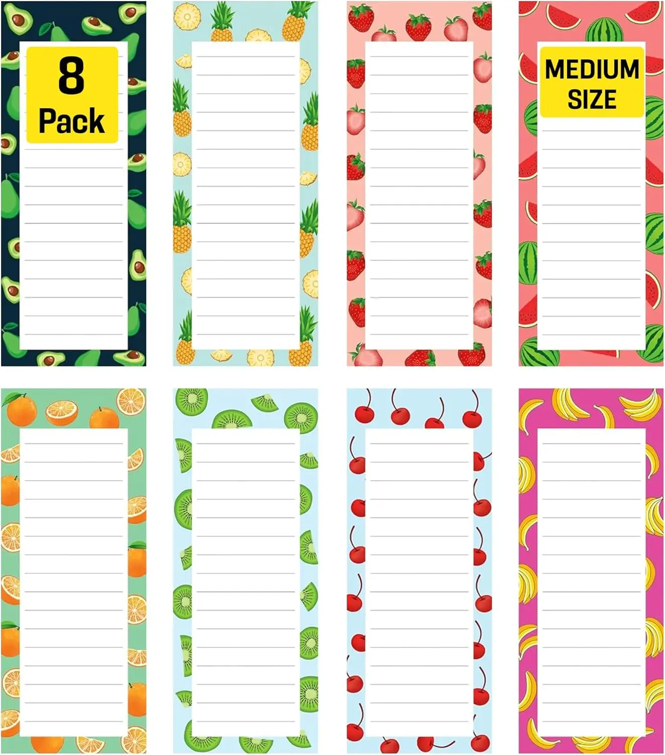 

8 Magnetic Notepads – Grocery, Shopping, To-Do Lists – Strong Magnetic Back – Realistic Fruit Designs – 25 Sheets Each, 7.5x3.5 inch