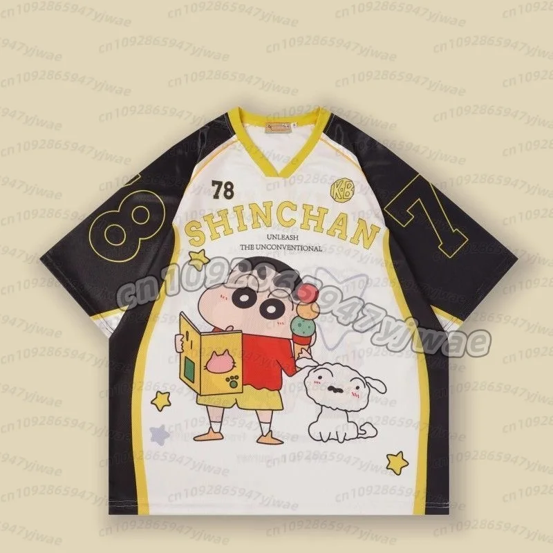 26 Men Crayon Shin-Chan Retro Trendy Brand Cute Cartoon Sports V-Neck Short Sleeved T-Shirt Casual Jersey Men women t-shirt view 4