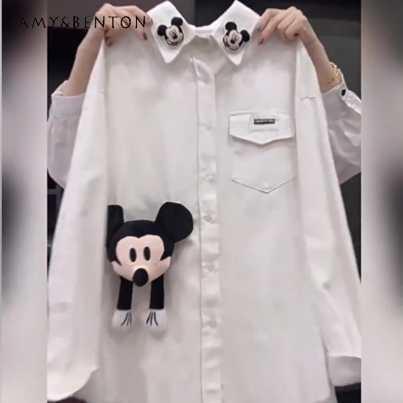 

Autumn Cartoon White Long Sleeves Top Denim Shirt Jacket Women's Loose Casual Mid-Length Blusas Matching With Sweater Waistcoat
