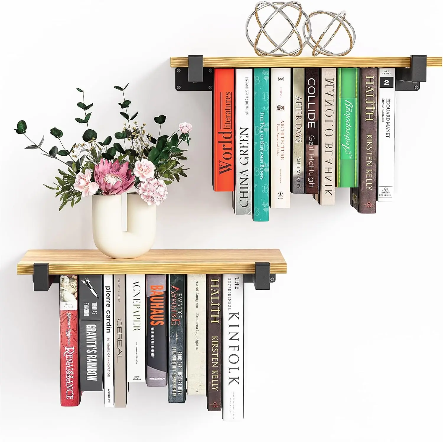 

2 Set of Floating Bookshelf, Pine Wood Invisible Bookshelf, Hanging Bookshelves for Wall, Unique Space Saving Wall Book