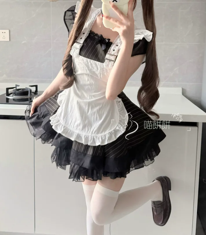 New Vintage Subculture Maid Cute Girl Black Lolita Dress Fashion High Waist A-line Versatile Age Reduction Japanese Dresses