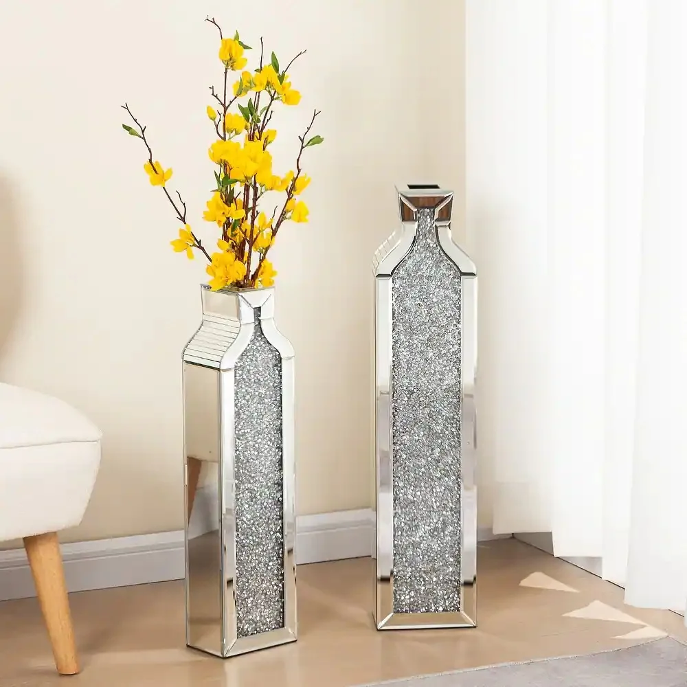Deluxe two-piece set of large broken diamond texture mirror floor vase, living room home decoration vase