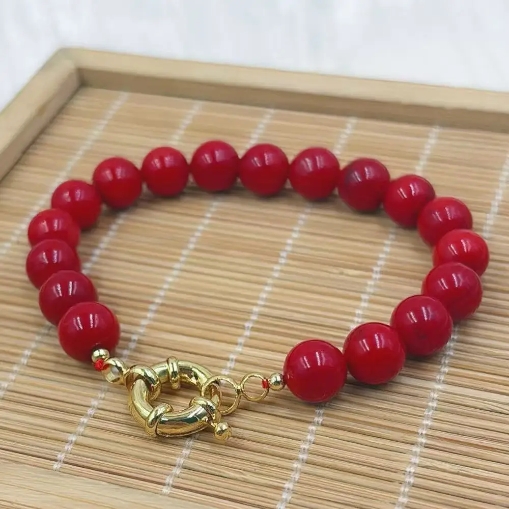 8mm Round Vintage African Gift Natural Sea Bamboo Red Coral Female Jewelry Clasp  Bracelet