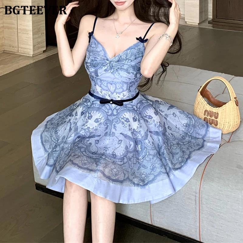 BGTEEVER Primavera Verano elegante cintura delgada con cinturón cuello en V señoras Floral Mini vestido Vintage mujeres sin mangas A-line vestido estampado