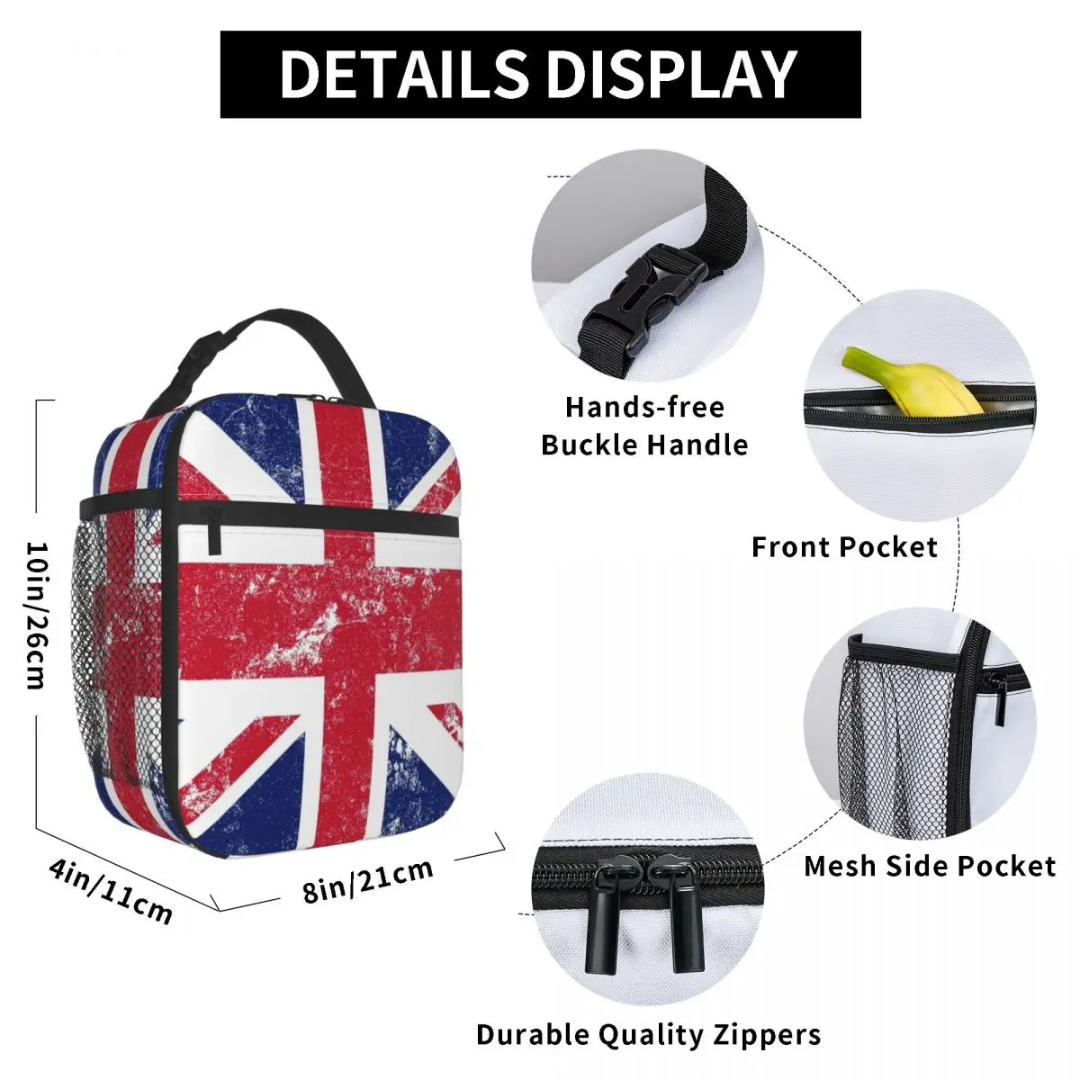 Distressed Union Jack Flag Insulated Lunch Bag for Kids School Cooler Thermal Food Box Tote Leakproof Lunch Boxes Container
