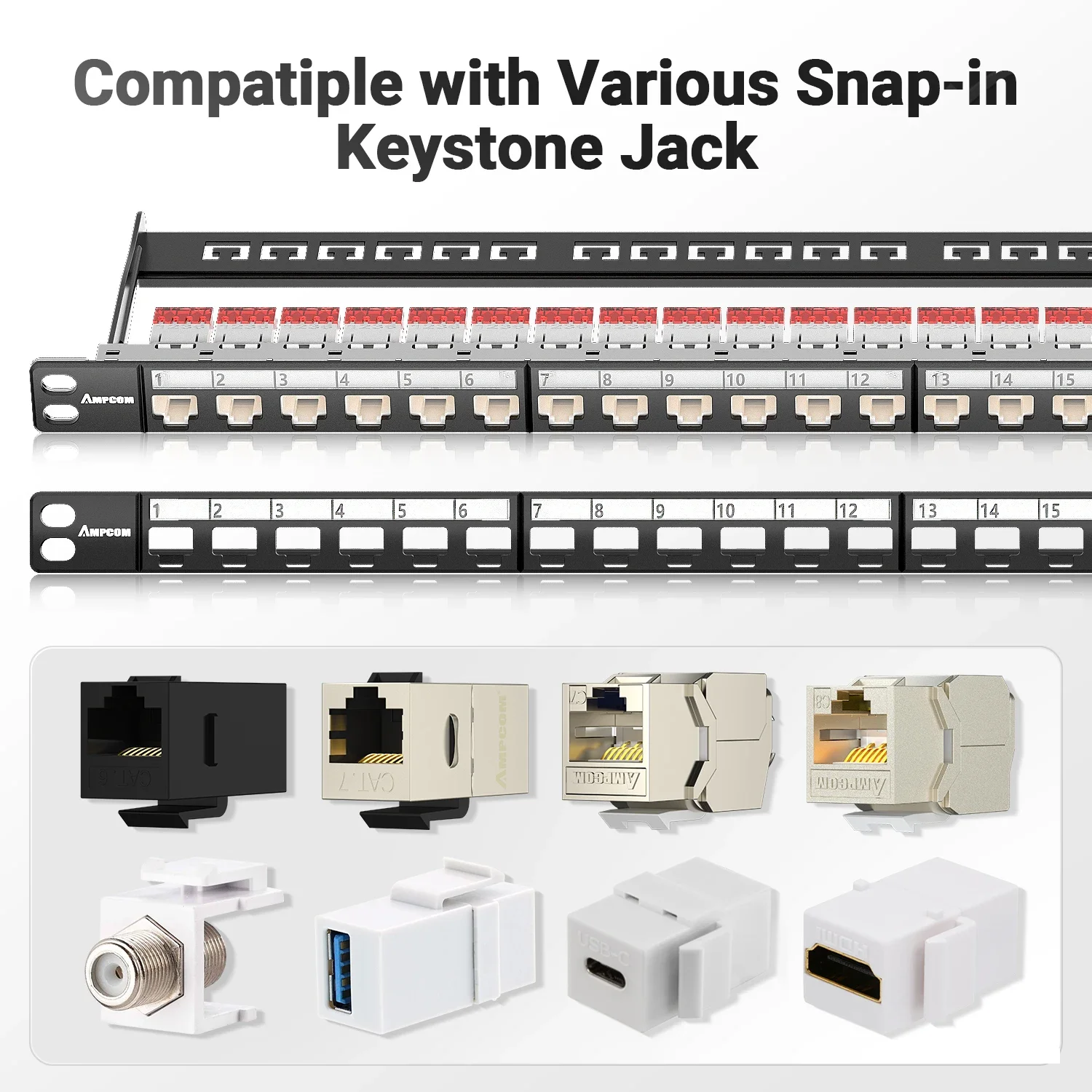 AMPCOM 0.5U Blank Keystone Patch Panel, 24 Ports 19 inch Rack or Wall Mount with Rear Cable Management Panel for Ethernet Cable