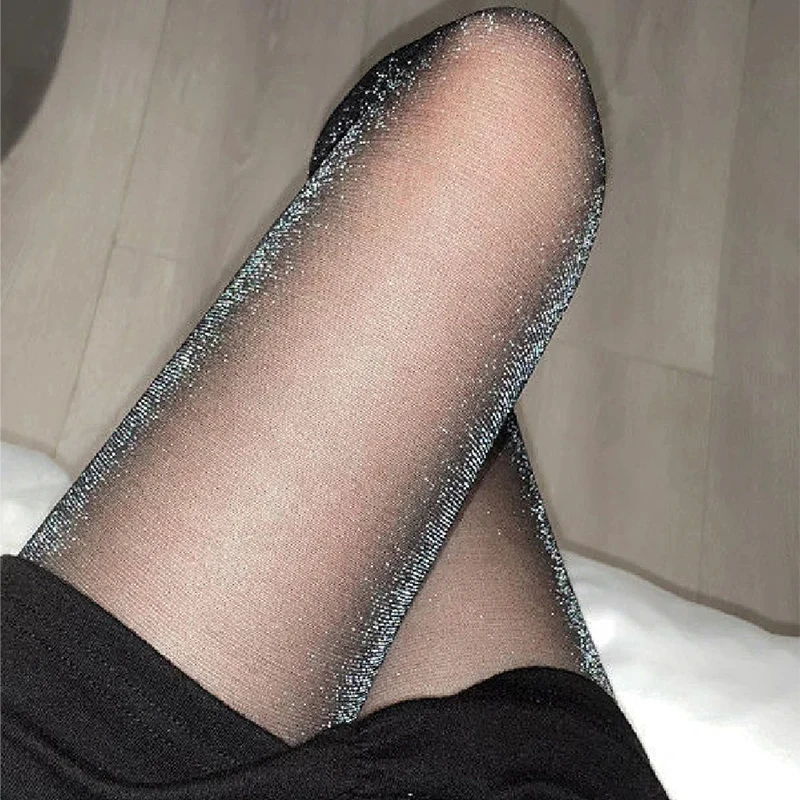 

20D женские колготки блестящие серебристые нитки плюс размер сексуальные колготки Y2K черные прозрачные леггинсы для вечеринок глянцевые леггинсы