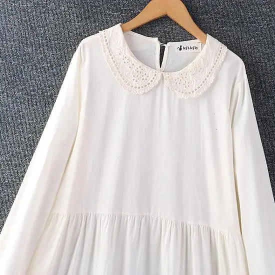 봄 신상 여성용 예술적 프레시 화이트 자수 긴팔 면 린넨 루즈핏 레이어드 롱 드레스 A라인 스커트