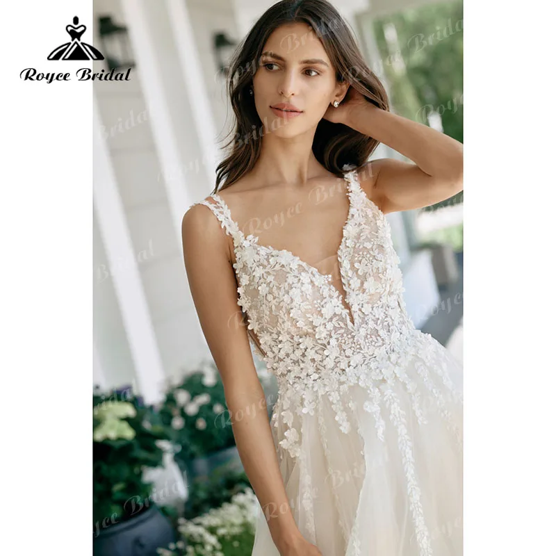 Robe mariage alças de espaguete vestido de casamento com decote em v sem costas 3d flor laço a linha praia vestidos de noiva