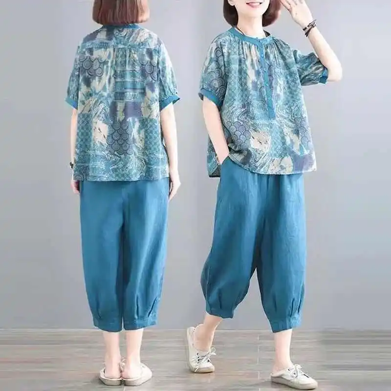 

Летний модный костюм из хлопка и льна для женщин среднего возраста: комплект из трех предметов с рукавом три четверти, воротником и молнией, шикарный стиль