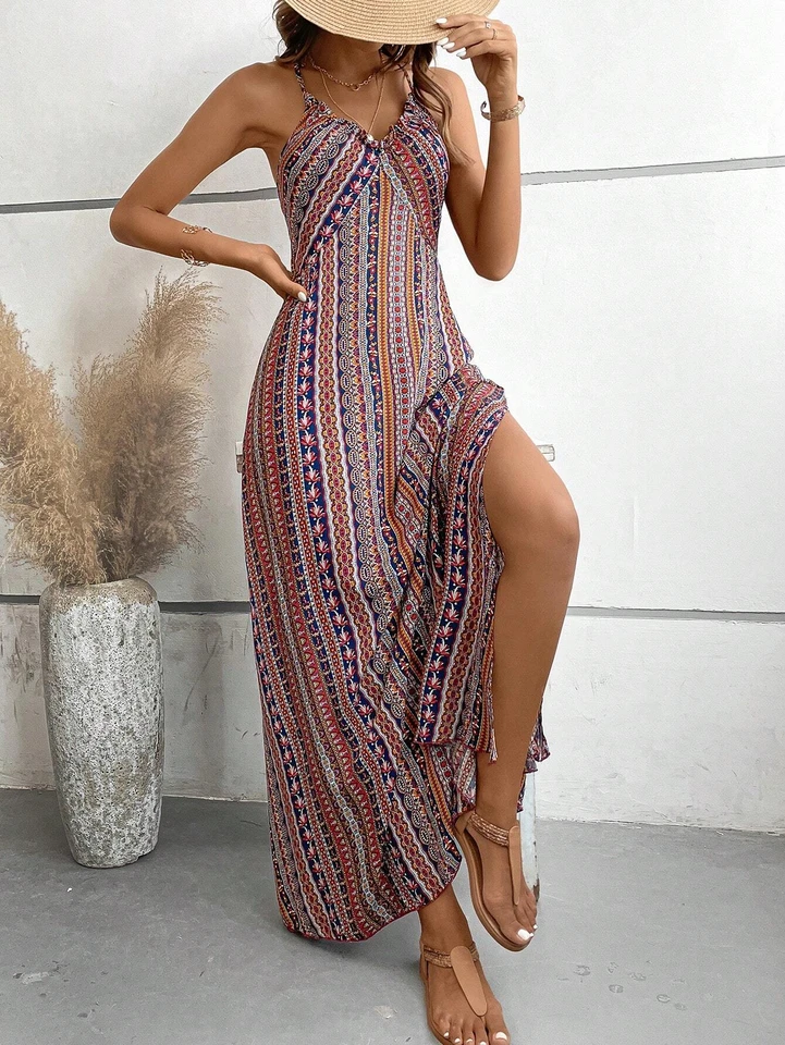Vestido largo de verano para mujer, estampado étnico, espalda descubierta, abertura lateral, estilo boho, con volantes, para playa 4