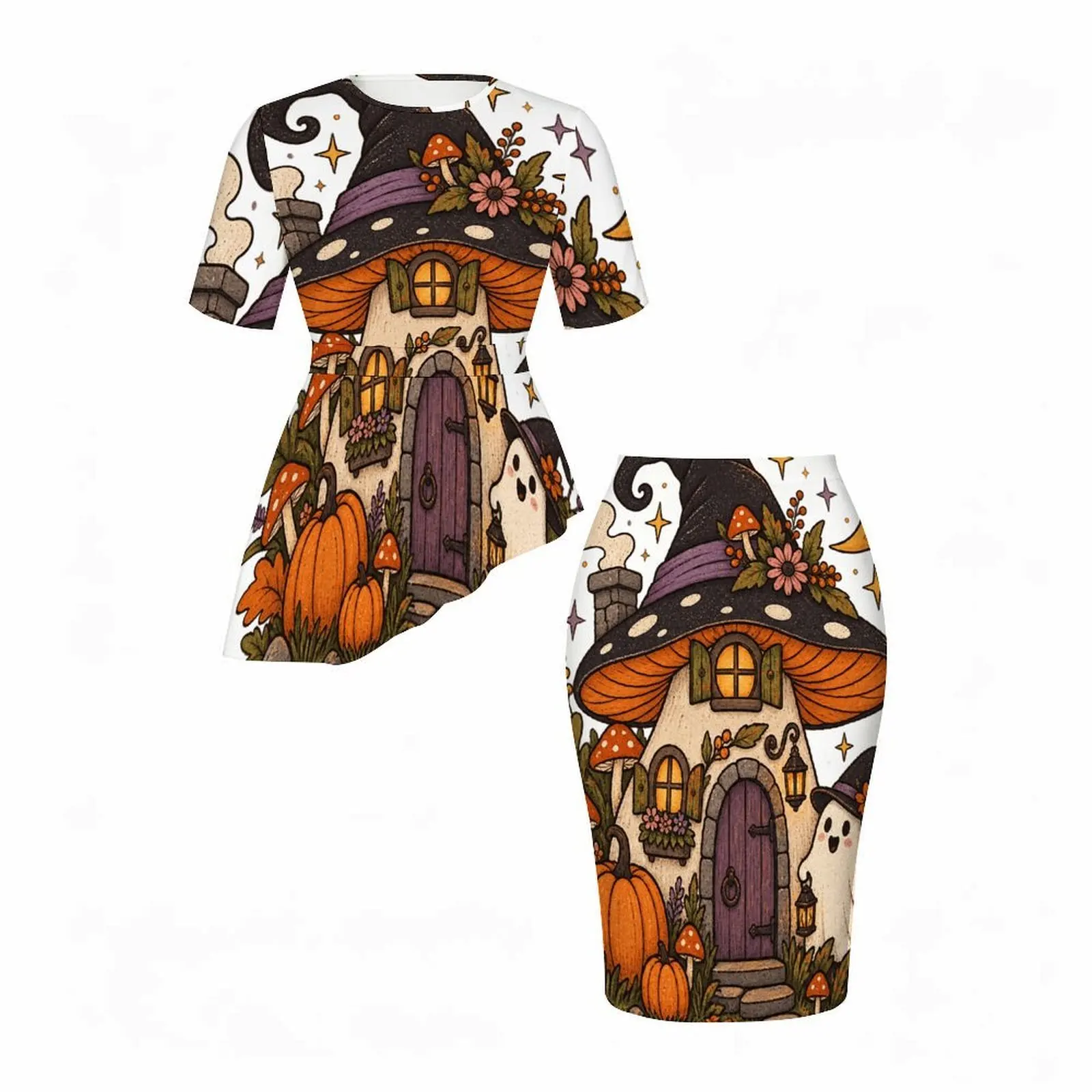 Women Printed Witch Hat Mushroom House Pattern Round Neck Short Sleeve Asymmetric Top and Fitted Skirt Two Piece Set