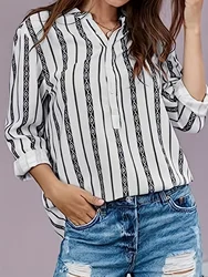 Plus Size Boho Blouse, Women's Plus Geo Print Long Sleeve Notched Neck Button Up Shirt