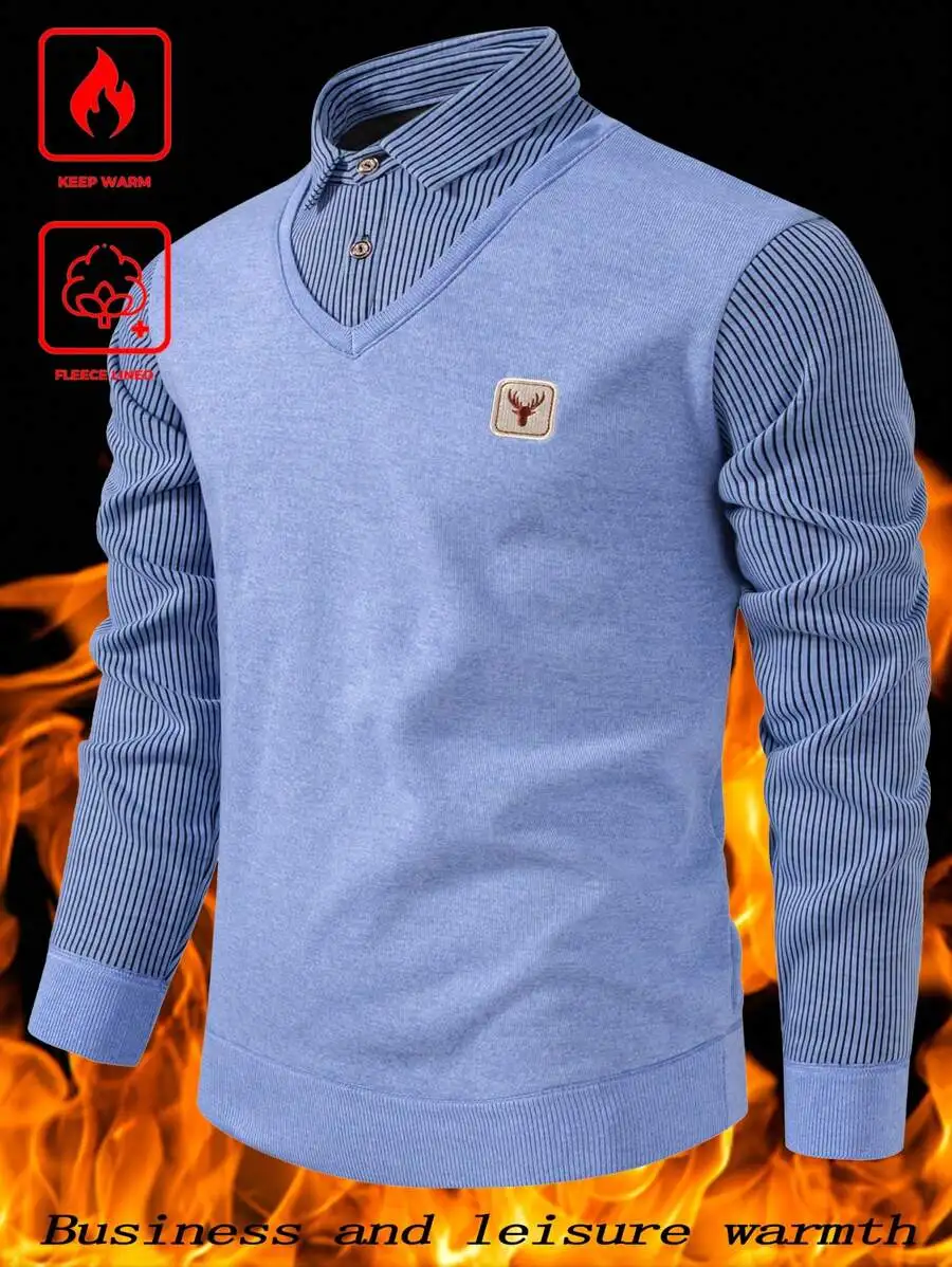 

Men's Thermal-Lined V-Neck Sweater with Striped Collar and Cuffs, Casual Winter Wear