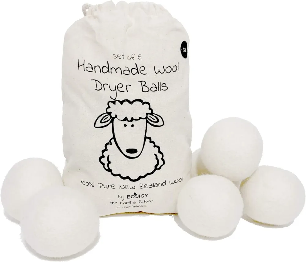 Wool Dryer Balls XL 6-Pack - Natural Fabric Softener, Reduces Wrinkles & Drying Time, Reusable Laundry Alternative