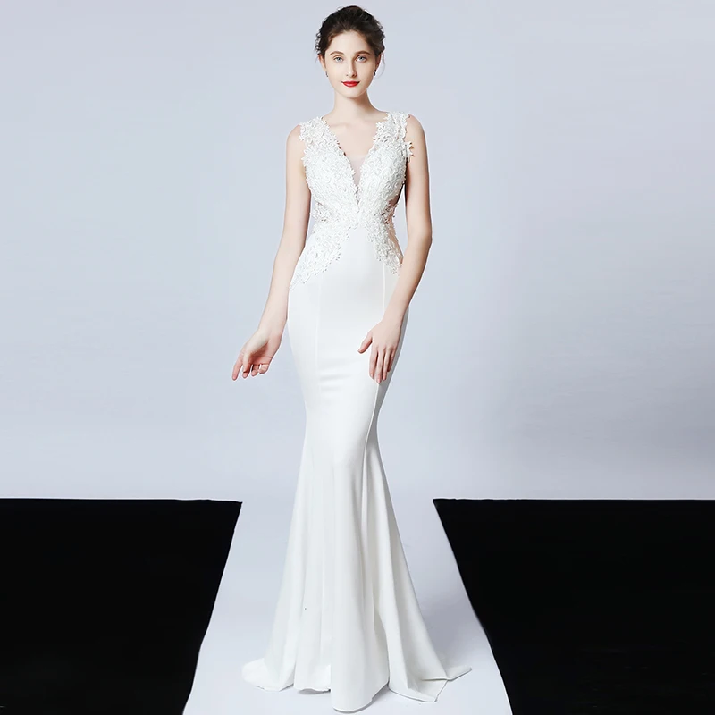 

DongCMY Luxury Pure Handmade Decal Beaded Bride Long Thank You Banquet Slim-fit Fishtail Dress Wedding Evening Dress 16271