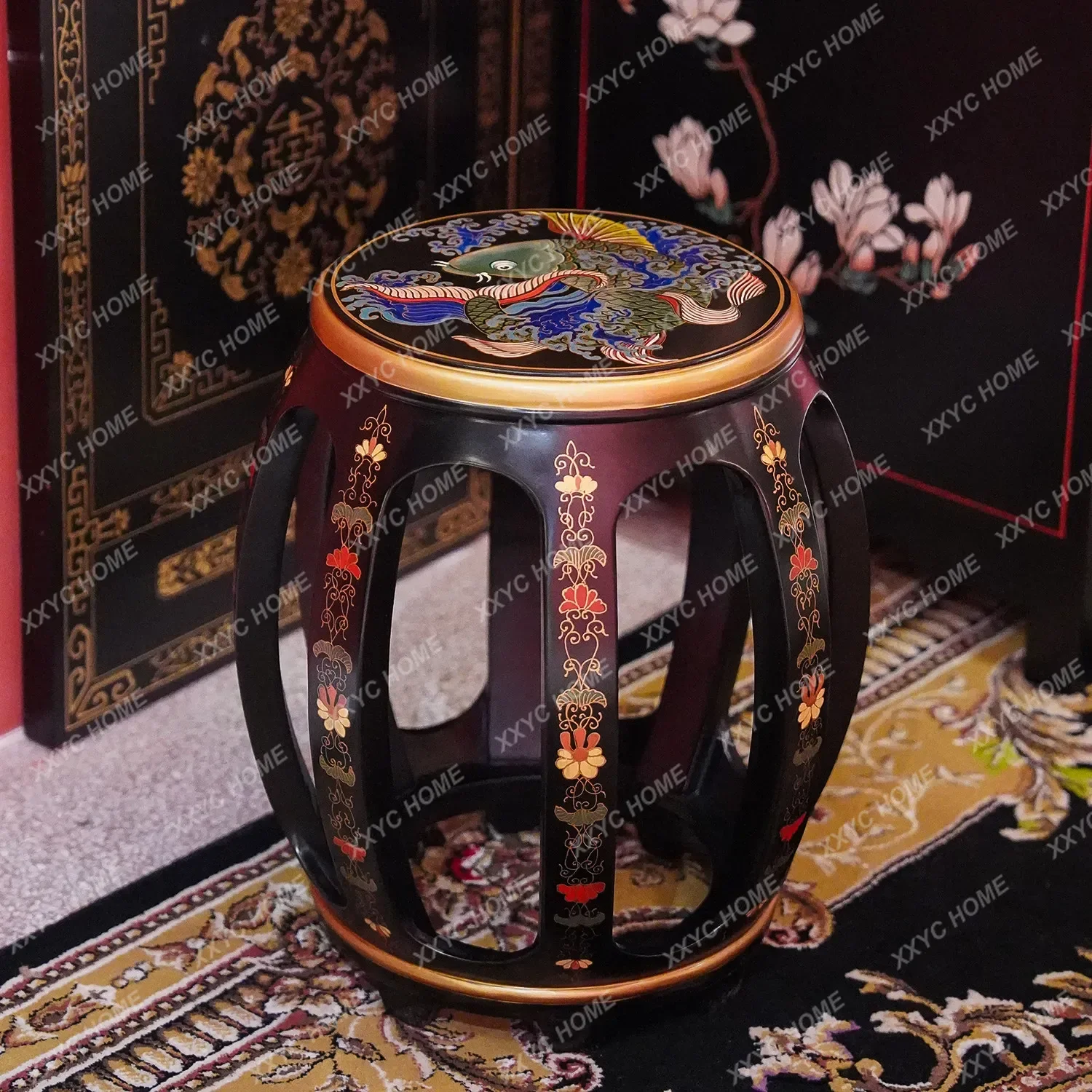 

New Chinese classical solid wood edge few living room flower stand painted gold hand-painted lacquer painting fish