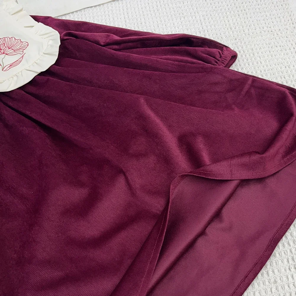 Koreanisches Stickerei-Blumen-Revers-Langarmkleid für Mädchen, Weinrot, Weihnachts- und Neujahrs-Kinderkleidung, Süßes Prinzessinnenkleid – Detail 7