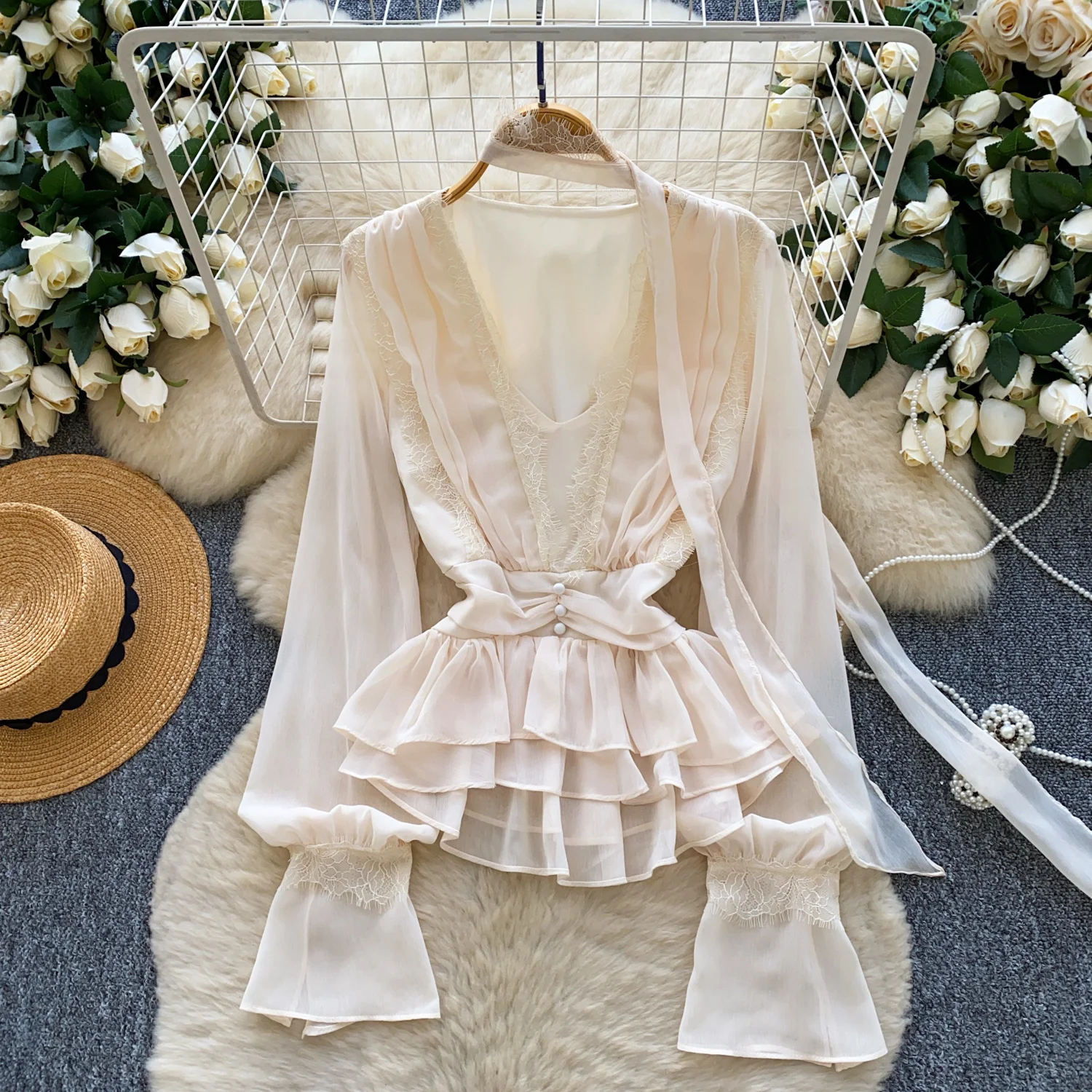 

Clothland Women Sweet Lace Shirt V Neck Flare Sleeve Lace Tie Shirt Female Casual Fashion Tops Blusa Mujer LB366