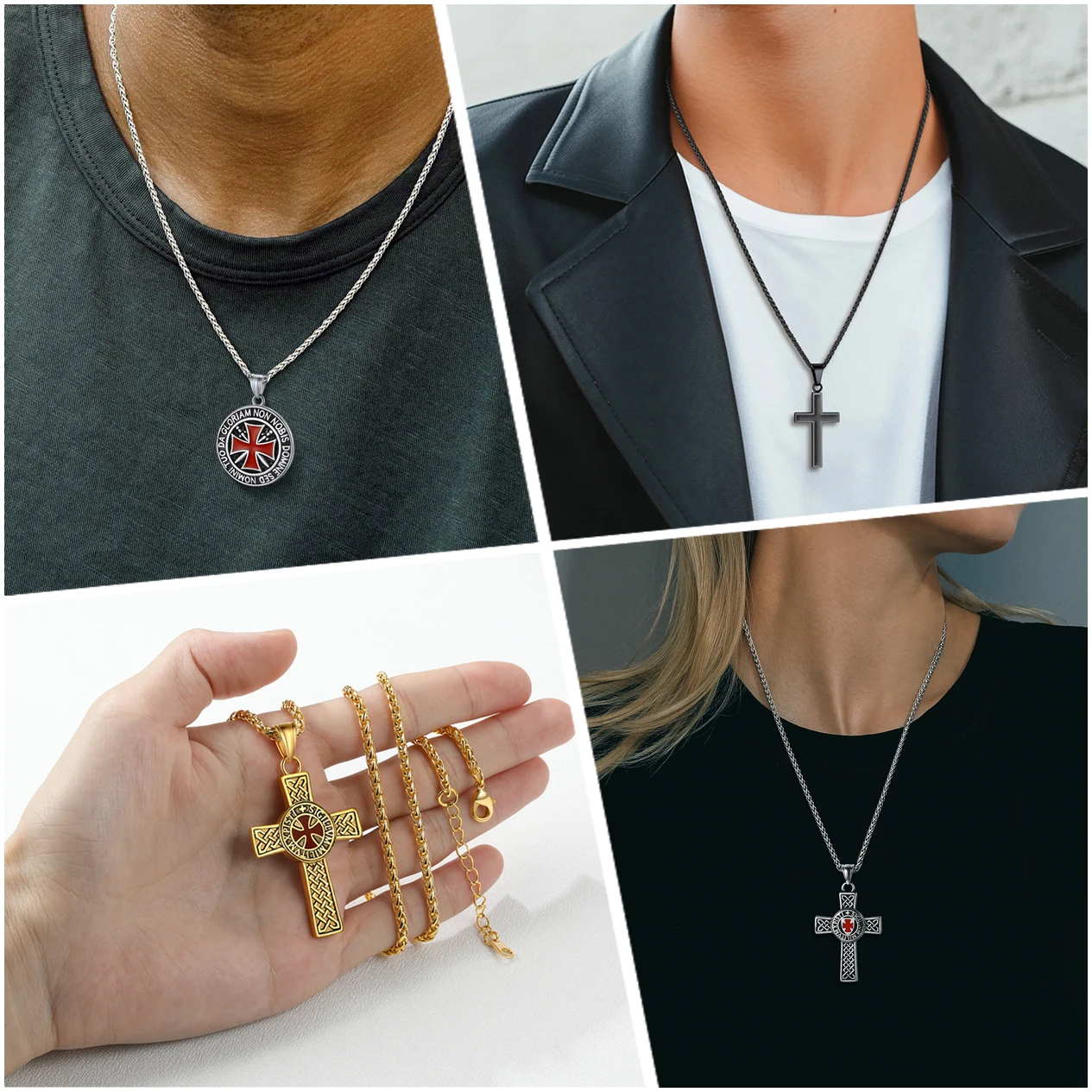 Starlord Black / Red Cross Pendant Necklaces 316L Stainless Steel Knights Templar Shield Celtic Cross Unisex Jewelry Gift