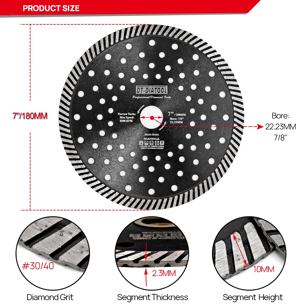 Imagem -02 - Polegada 180 mm Estreito Diamante Turbo Viu a Lâmina para Granito Mármore Concreto Alvenaria 180 mm Disco de Corte Roda Moagem Peças