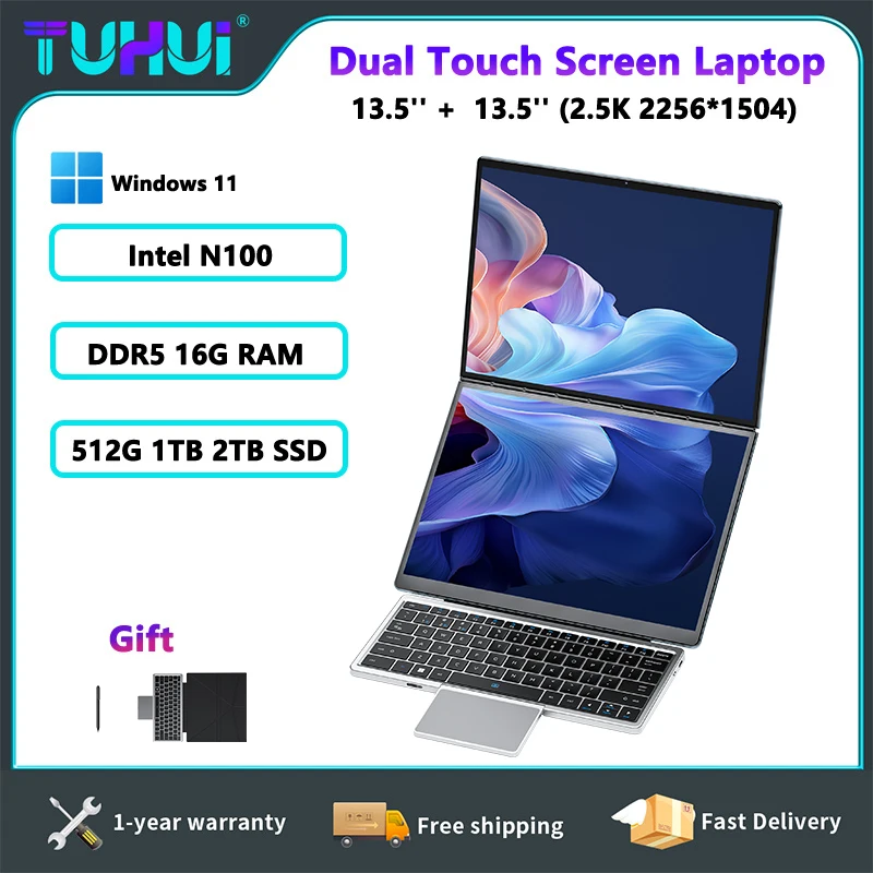 TUHUI 14+14 Inch Dual Screen Laptop DDR5 16GB RAM Intel N100 2.5k Touch Screen YOGA Laptop Windows 11 Notebook Travel Tablet PC