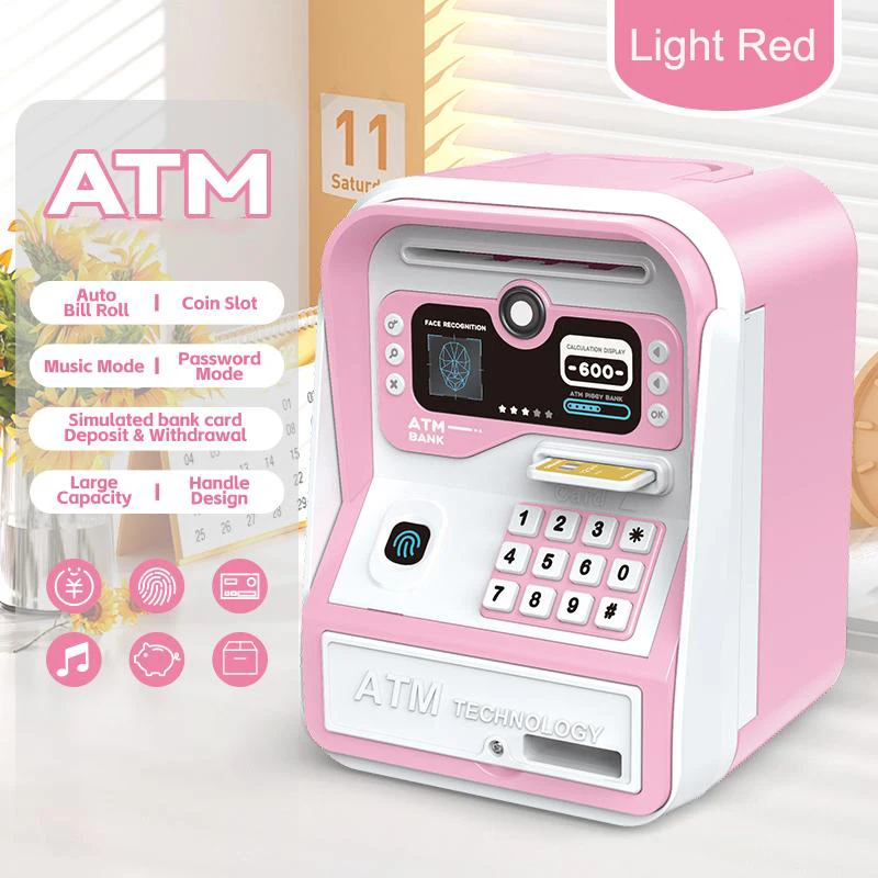 Kids ATM Coin Bank Electronic Piggy Bank Fingerprint Password Money Saving Box with Music Calculator Display Boy Girl Xmas Gifts