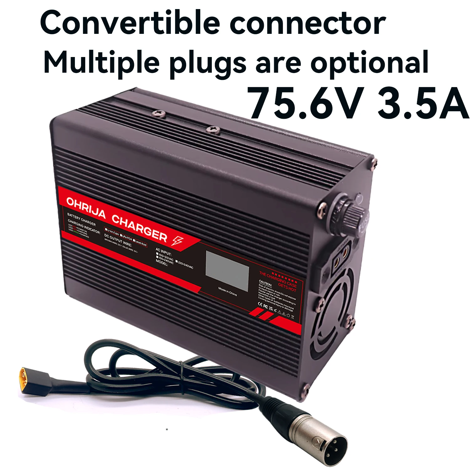 

75.6V 3.5A 18S Lithium Battery Fast Charger with OLED Display Interchangeable Connector Fast stabilization with cooling fan