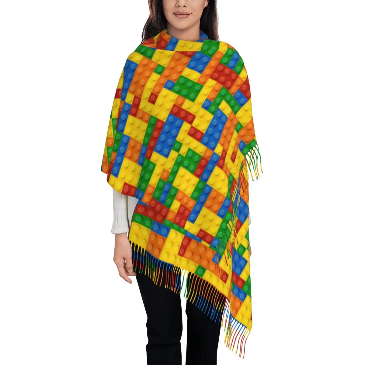 

Женский шарф с кисточками и строительными блоками, мягкая красочная шаль, женские зимне-осенние шарфы