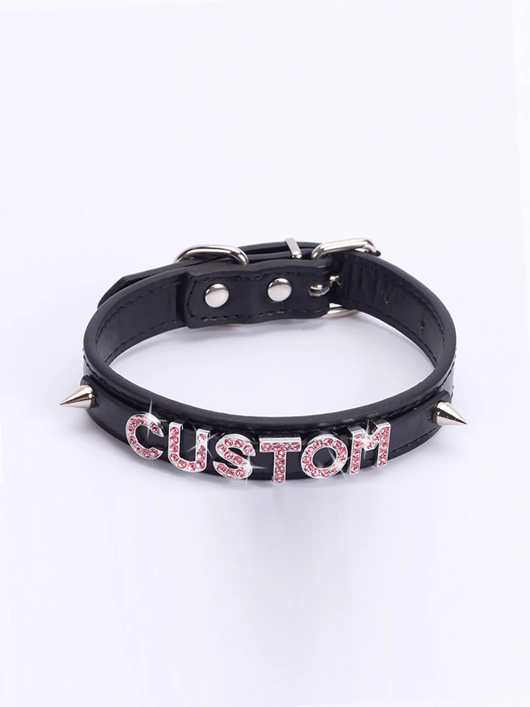 Customized Pink Crystal Letters Choker Punk Pu Leather Collar For Women Men Cool Rivets Chocker Goth Style Necklace Accessories