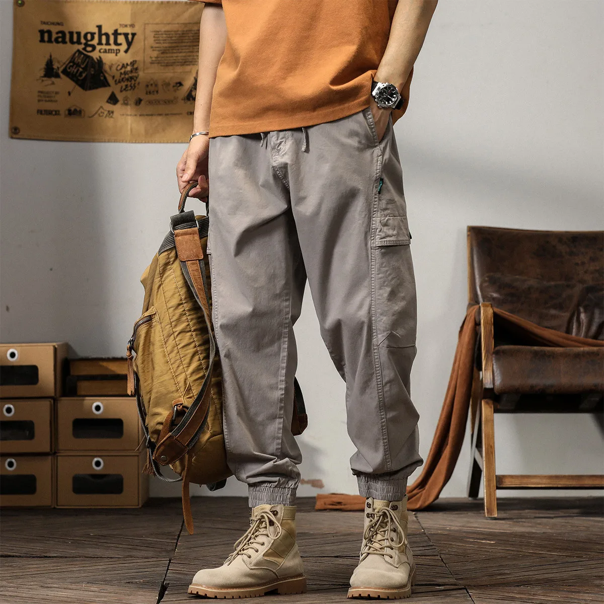 Japanese Style Spring Autumn Fashion Men's Solid Color Plus Size Loose Casual Trendy Spliced Cargo Trousers Male Pants Clothes