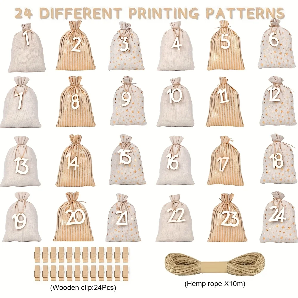 24 Bolsas Numeradas para Calendario de Adviento Navideño, Set de Calendario de Adviento con Cuerda y Clips, Bolsas con Cordón para Decoración del Hogar