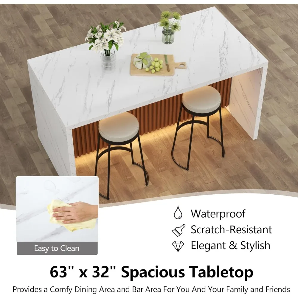 Grande table à manger en imitation marbre de 63 pouces pour 4 à 6 personnes, table d'îlot avec lumières LED, table de cuisine à rayures en marbre moderne