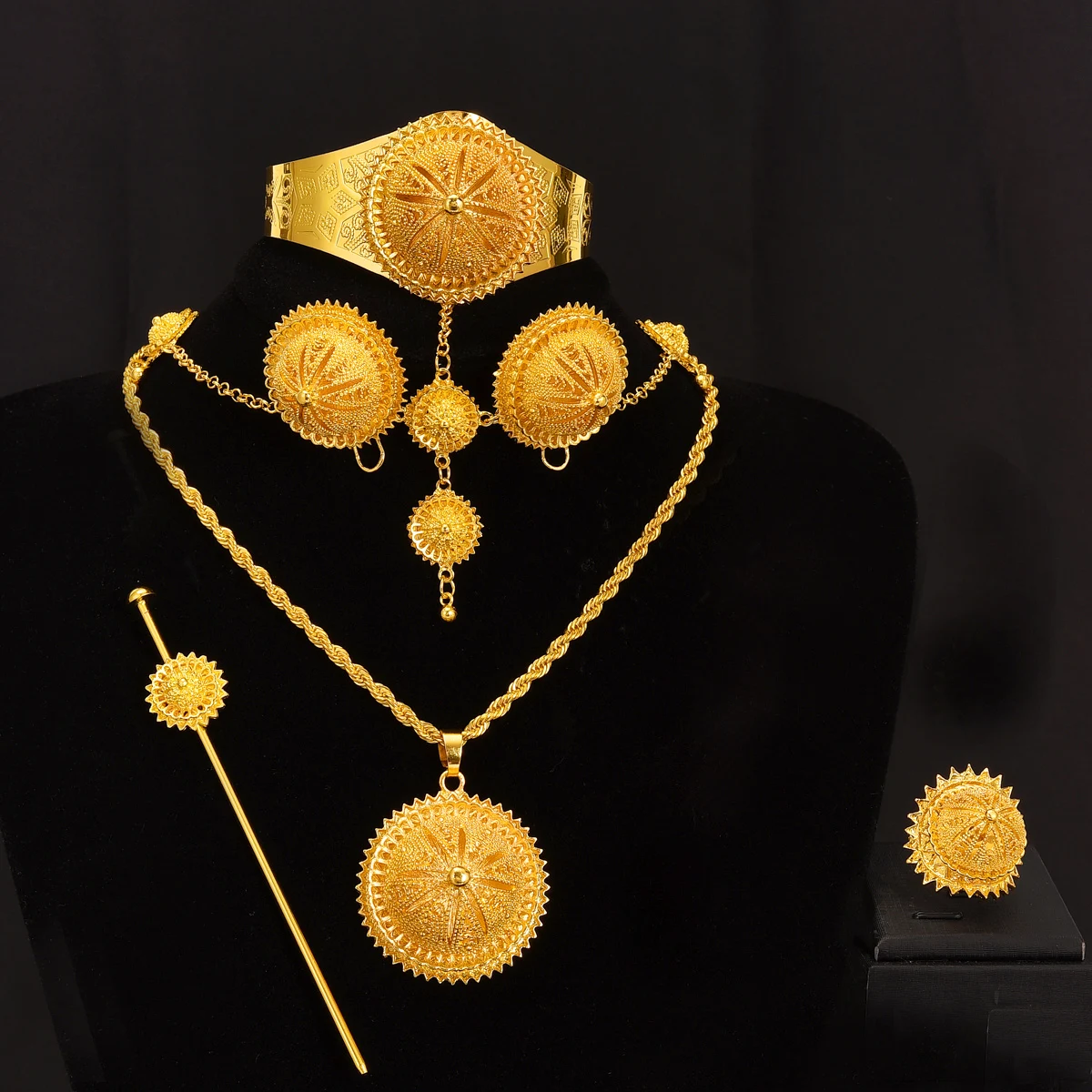 Ethiopian Jewelry sets Pendant Hairpin Necklace Earrings Bangle Ring Sets African Eritrean Wedding Engagement Ethnic Gifts #050