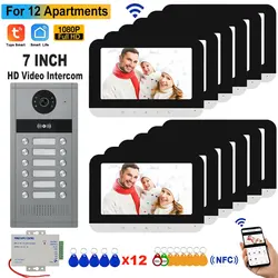 7 Inch WiFi Video Intercom for 2-12 Apartments Door Access Control System Tuya Smart APP Remote Unlock with RFID Doorbell Camera