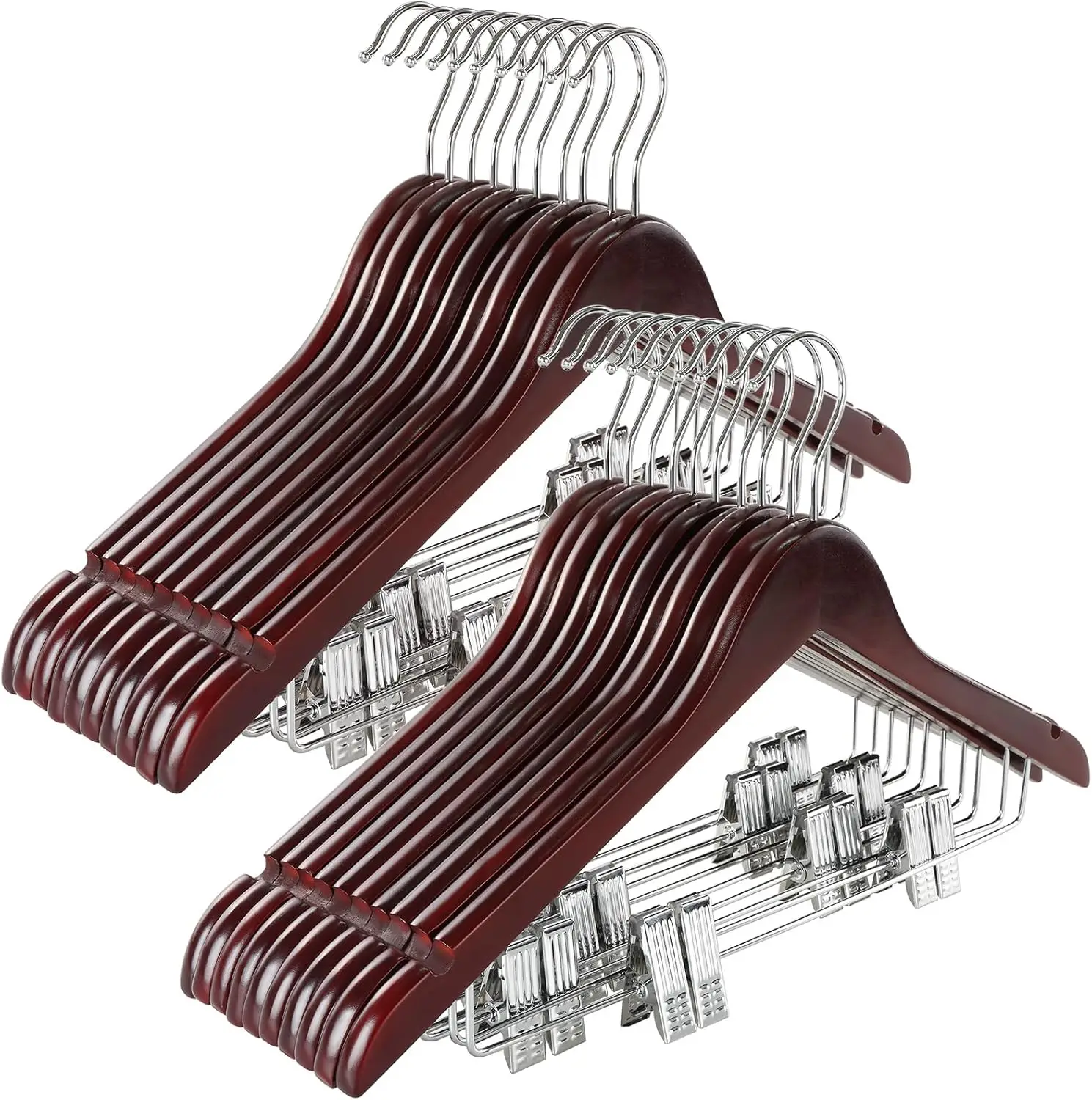 

Adjustable Wooden Suit Hangers with Metal Clips, 20 Pack, Solid Wood, 360° Swivel Hook for Clothes and Pants