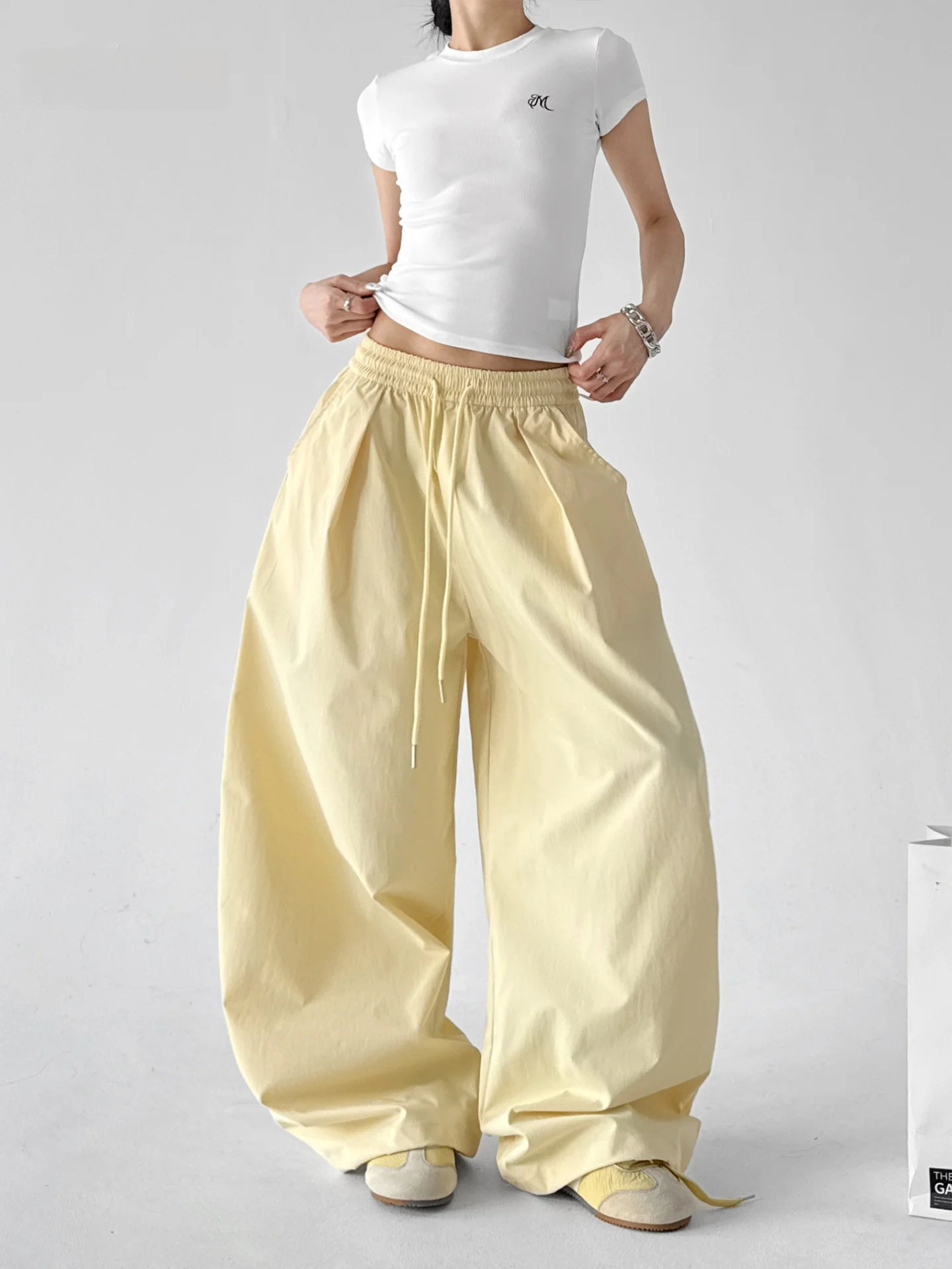 

High Waist Loose Wide Leg Pants Women's Summer 2026 New Sport Drawstring Casual Thin Straight Leg Trousers