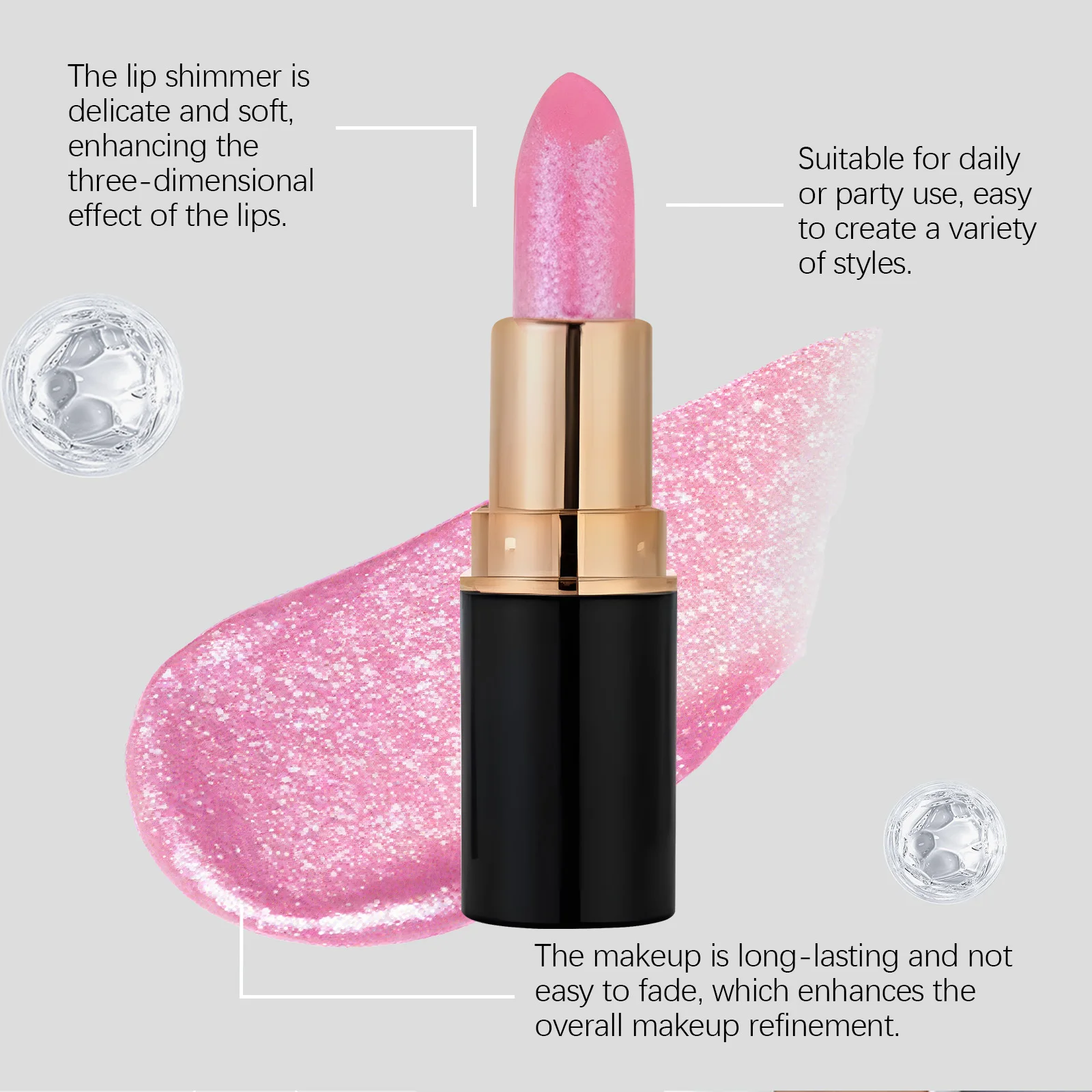 Pink Diamond Lip Gloss Shimmer High Shine Moisturizing Non Sticky Glitter Lipstick Metallic Nude Makeup Long Lasting