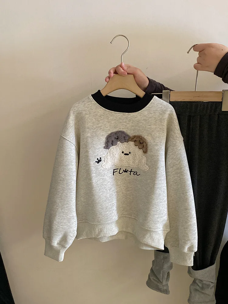 

Girls' Cartoon Dog Embroidered Letter Fleece Sweatshirt Autumn Winter New Patchwork Leggings Stylish Set Trendy