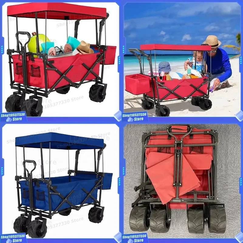 Folding Shopping Cart 150kg Capacity Heavy Duty Utility Wagon With Large Wheels And Canopy For Outdoor Heavy Duty Folding