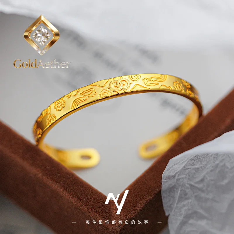 

GoldNouveau Luxury 24K 9999 Pure Gold real gold Golden Chisel Carved Vajra and Pestle Jiyan Eight Treasures Opening Bracelet