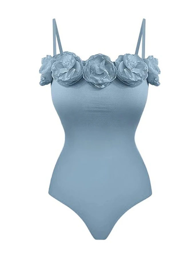 Bañador azul de lujo francés para mujer, traje de baño todo en uno, 3D, flores dramáticas, triángulo ajustado, Bikini Sexy y cubierta, diseño de moda, complejo de playa