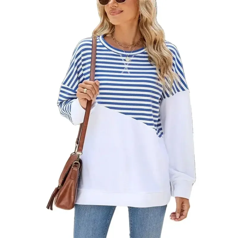 

Women Stripes Color Blocking Split Hem Sweatshirt Spring Autumn Comfortable Casual Commuter Hoodie Female O Neck Pullover Tops 4